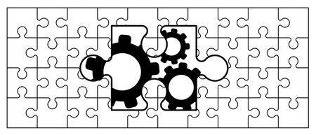 jigsaw puzzle pieces connection. Puzzle pieces icon or pictogram. Cartoon vector outline. Double flat puzzles. Teamwork concept. Gear or cog wheel sign. cog, wheel ideaのイラスト素材