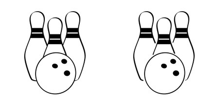 Cartoon bowling pin with stripes and bowling ball. Bowling strike idea. Sports or hobby game. Playing in a team, competition or tournament. Bowling pins and skittles. Play kegling team.のイラスト素材