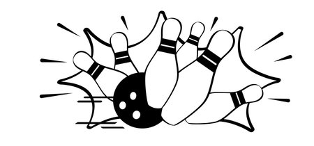 Cartoon bowling pin with stripes and bowling ball. Bowling strike idea. Sports or hobby game. Playing in a team, competition or tournament. Bowling pins and skittles. Play kegling team.のイラスト素材