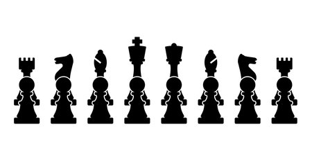 Chess pieces tower horse bishop, king queen Chess Board Setup Vector icon or symbol pieces Flat style the starting positions figures pieces tournament strategy silhouette checker board. Square checkerのイラスト素材