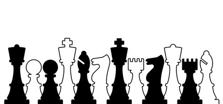 Chess pieces tower horse bishop, king queen Chess Board Setup Vector icon or symbol pieces Flat style the starting positions figures pieces tournament strategy silhouette checker board. Square checkerのイラスト素材