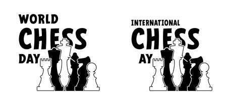 International or world chess day. Chess pieces tower horse bishop, king queen Chess Board Setup Vector icon or symbol pieces Flat style the starting positions figures pieces. Square checker board.のイラスト素材