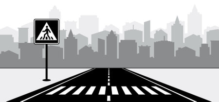 Traffic light, city street with zebra lines road marking and stoplight. Crosswalk icon. Pedestrian crossing sign. Zebra icon. Pathway strips or planes. Crosswalk stripes on car road and traffic signalのイラスト素材