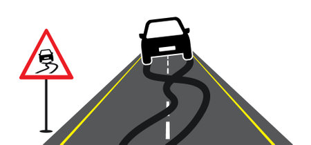 Slippery road. Cartoon car skidding uncontrollably across the highway. warning, vehicle skidding across the road past warning signboard. Traffic, city street. Car skid, traffic sign. car accident icon.のイラスト素材