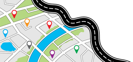 Winding road. Curved road with white markings. Road with GPS pins or pointer pin. Curve way or asphalt highway or city street. Winding route template. Flat parts road wavy. Path wave. Pin location.のイラスト素材