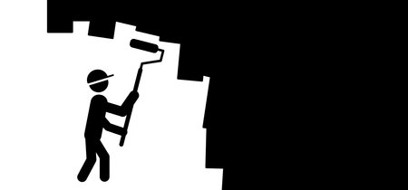 Cartoon stickman, stick figure man with color paint roller. Vector home improvement or house renovation. People painting interior wall with paint rollers and repairing. Handyman, tools icon.のイラスト素材