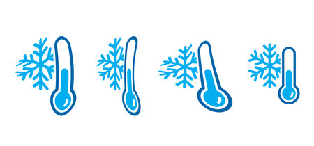 Cartoon, comic winter snow flake icon. Snowflake, weather thermometer. Vector temperature attention sign. Cold weather thermometer icon. Sketch snowflakes. weather forecast, sunny and rainy weather.のイラスト素材