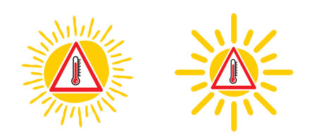 Caution, summer concept. Warning high temperature signboard. Thermometer or temperature indicate. Hot weather sign. Very hot and scorching. Bright sun, risk of getting a heat stroke.のイラスト素材