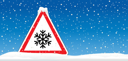 Caution, winter and snowfall. Beware very cold temperature signboard. Weather, thermometer or temperature indicate with snowflake. Freezing hazard sign. Very coldly and scorching. falling snowball.のイラスト素材