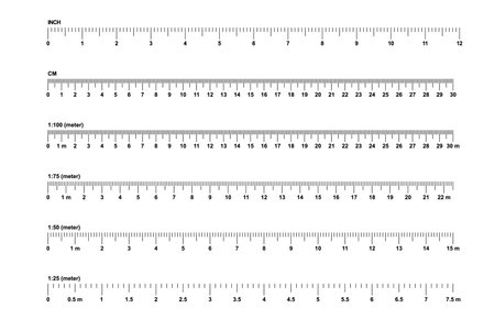 Grids for a ruler in millimeter, centimeter, meter and inch. Rulers mm, cm, m scale. metric units measuring scale bars for ruler. scale 1:100, 1:75, 1:50 and 1:25. Tape measure. Tools signのイラスト素材