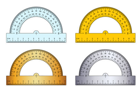 180 degree protractor, ruler or set square. protractor icon. Grids for a ruler in millimeters, centimeters. 0, 45, 90 or 180 degrees. Rulers mm, cm scale. Scale bars for rulers. School tools sign.のイラスト素材