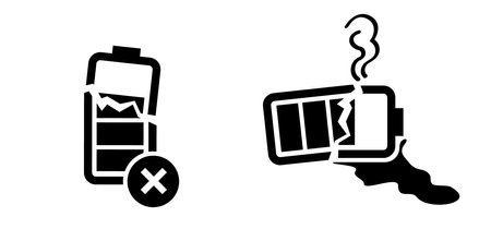 Empty alkaline, battery acid, leaking batteries. Electrical voltage warning. Dangerous batteries warning sign or icon. Battery leak symbol. Safety, broken old battery. No toxic fumes.のイラスト素材