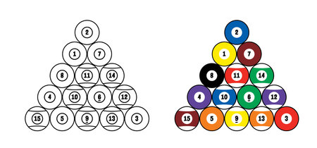 Billiard balls for billiard triangle. Billiard table or snooker table with cues and balls rack. Pyramid of billiard balls for pool table with cue and ball. Sports game tools. Ball racks.のイラスト素材