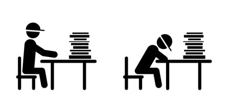 Cartoon books pile. Education concept. World book day. Stickman reading a book. Stick figures man not happy for books. Student with homework. Man looks at a reading book or study books.のイラスト素材