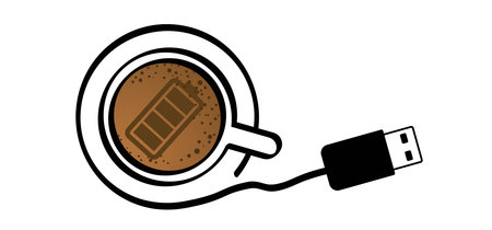 Hot coffee charge, loading indicator. Mug with battery charge. Coffee a clock or tea time. Beverage...
