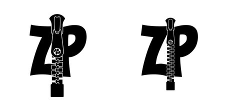 slogan zip file logo. Compression documents. Computer document icon. Reduce file size. Extension name .EXE. Zip fastener with zipper puller. Set of closed and open with fastener. Unzip, closed zip.のイラスト素材