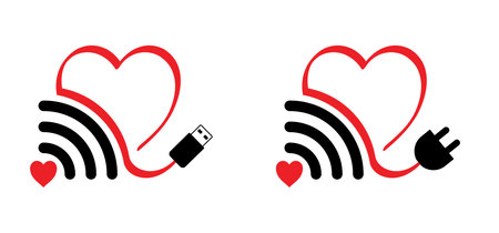 Cartoon date heart wi-fi signal. Love connection icon. Wifi hotspot signal connect logo. Internet, wireless network sign. Valentines, Valentines Day. Valentine heart beat wave. Online digital dating.のイラスト素材
