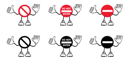 Comics types, cartoon mascot walkway or lost. Stop hand, stop allowed. Do not enter warning. Forbidden, caution stick figures man. No walking people zone. Clip art expressions.のイラスト素材