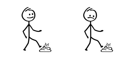 Stepping on shit. Foot stepping into dog poop or animal shit. Walk on a dogsturd. Cartoon shoes, shoe and poo logo. walking dogs and their dogs. People step on poop. Steps on excrement with his foot.のイラスト素材