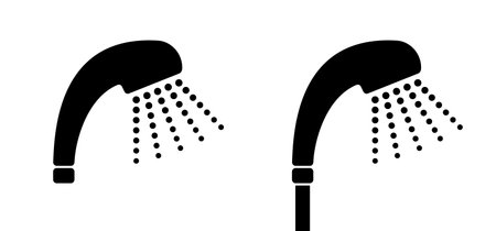 Cartoon Home, hotel shower head with water drops. Vector bathroom tools. Water shower symbol. for shower stall or shower bath and bath room, bathing hot water. Shower icon. Showerhead logoのイラスト素材