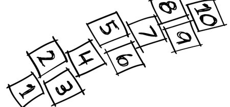 Cartoon hopscotch game on a floor, street or asphalt. Chalk drawing. School yard games. For kids playing hopscotch on playground. Hopscotch kid activity with numbers. Outdoor games for children sports.のイラスト素材