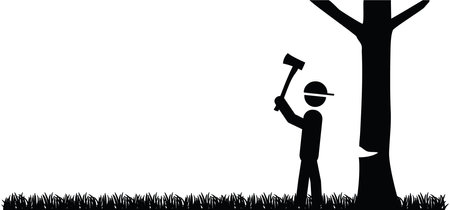 Cartoon stick figures man chops down a tree. Deforestation. Stickman with axe. Tool for cutting down trees. Metal ax with wood handle. For firewood. Human keep deforesting. Work tools.のイラスト素材