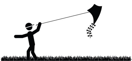 Cartoon stickman, stick figure man with a kite in the sky. Friends together, kite flying, have fun. Sports logo. Child playing or running fly a kite. Happy healthy children playing kites icon.のイラスト素材