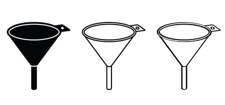 Cartoon metal or plastic funnel. Funnels for household and kitchen. Funnel for filling bottles. Kitchen cooking tools. For filling food, oil, water, fuel, gasoline or diesel. funnels with handle.のイラスト素材