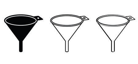 Cartoon metal or plastic funnel. Funnels for household and kitchen. Funnel for filling bottles. Kitchen cooking tools. For filling food, oil, water, fuel, gasoline or diesel. funnels with handle.のイラスト素材