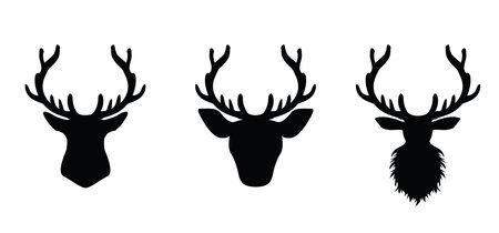 Cartoon deer antlers icon, silhouette. Reindeer antlers and deer horns. Deer or elk heads with horns. Animals face, wildlife. Deer head and hornのイラスト素材