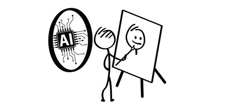 Cartoon mascot, and self-portrait and easel with Artificial intelligence AI icon. Drawing, paint and AI generated and circuit board. Search, explore tools. Search icon or logo. Motherboard.のイラスト素材