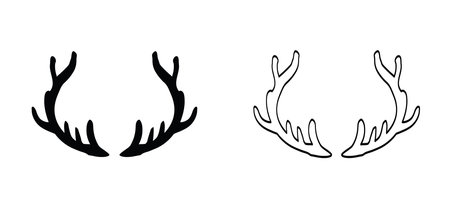 Cartoon deer antlers icon, silhouette. Reindeer antlers and deer horns. Deer or elk heads with horns. Animals, wildlife.のイラスト素材