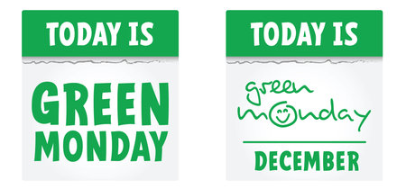 Slogan green monday. Green Monday offer takes place on the second Monday in December and is the day when many people buy last minute gifts, sale deals. Online shopping concept.のイラスト素材