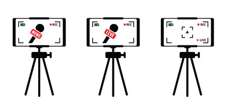 News, live recording, journalist concept. Hand drawn framed snapshot. Mobile phone video camera viewfinder, rec. Cartoon player, microphone, podcast, voice. Reporter taking interview, press conference.のイラスト素材
