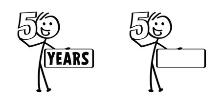 Cartoon stickman and number 50. Married for 50 years or 50 years old anniversary, abraham, sarah or wedding day. Happy Birthday. Congratulations fifty years 50th. Man or woman. Mascotのイラスト素材