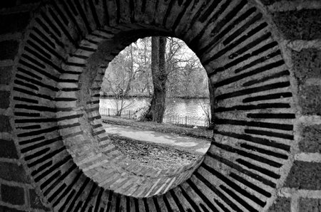 a view through the round windowの写真素材