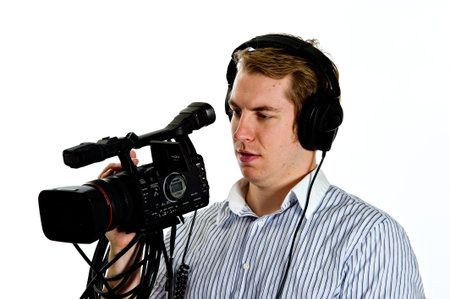 Camera man filming. Shot on white.