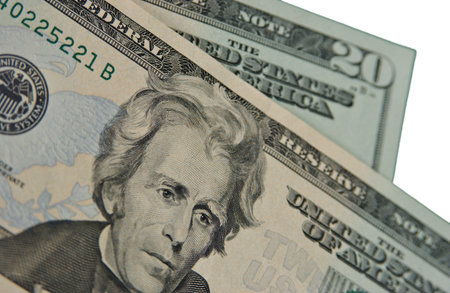 Close up details of twenty dollar bills.  US Currency.