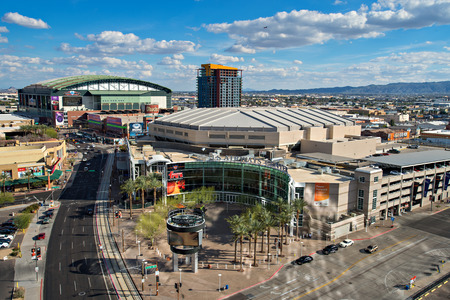 PHOENIX, USA - FEBRUARY 4: View of US Airways Center and Chase Field on February 4, 2014 in Phoenix, Arizona. Chase Field is the home of the Arizona Diamondbacks.  US Airways Center is the home of the  Phoenix Suns, Phoenix Mercury, and Arizona Rattlers.のeditorial素材