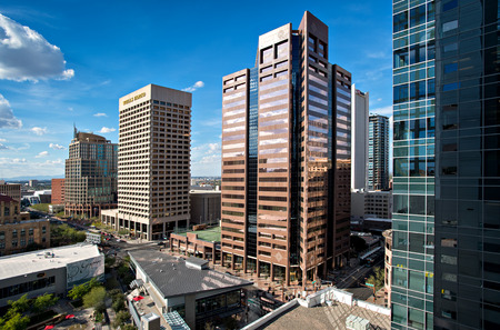 PHOENIX, USA - FEBRUARY 4: View of skyscrapers taken from the top of a CityScape Phoenix building on the corner of Washington and Central on February 4, 2014 in Phoenix, Arizona. Washington Street and Central Avenue is the heart of Downtown Phoenix, Arizoのeditorial素材