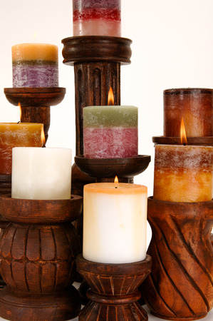 Assortment of decorative scented candles shot on a white background.の写真素材