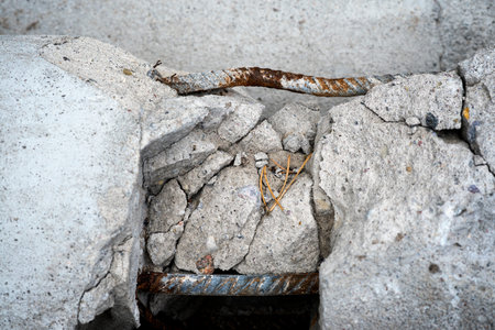 A steel rusty rods in damaged concrete pillar.の写真素材