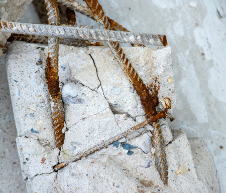 A steel rusty rods in damaged concrete pillar.