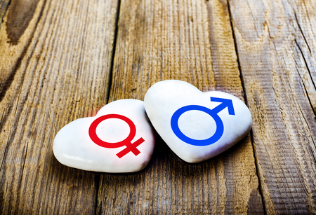 Valentines Day Background With Male And Female Gender Symbols On White Hearts. Sing Venus And Mars.の写真素材