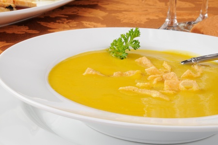 Close up of a bowl of butternut squash soup with fried garlic wonton stripsの写真素材