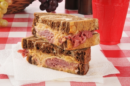 A reuben sandwich on marbled rye breadの写真素材