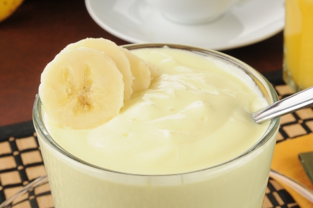 Closeup of a bowl of banana vanilla yogurtの写真素材