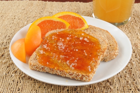 Organic apricot jam on sprouted grain toastの写真素材