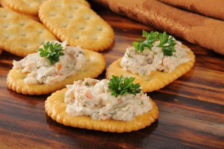 Smoked salmon spread on whole wheat crackersの写真素材