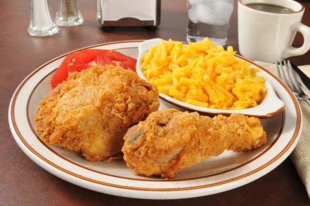 Fried chicken with macaroni and cheeseの写真素材